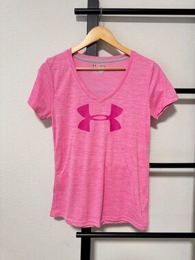 Under Armour Women Pink V-Neck Logo Performance Tee